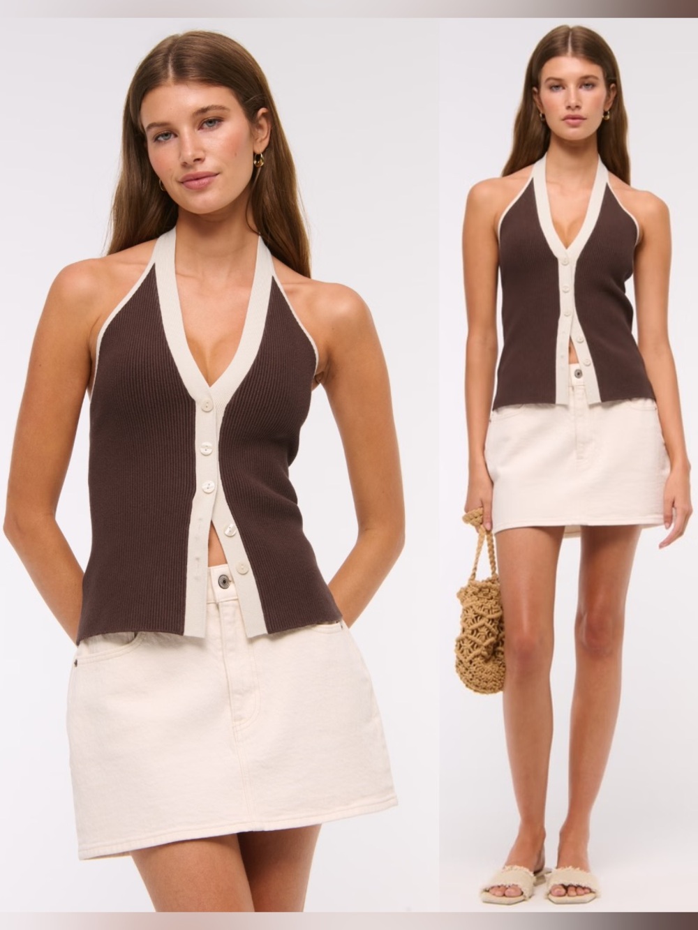 Abercrombie & Fitch Brown Ribbed Knit Sweater Vest Halter Button Down Cream Y2K